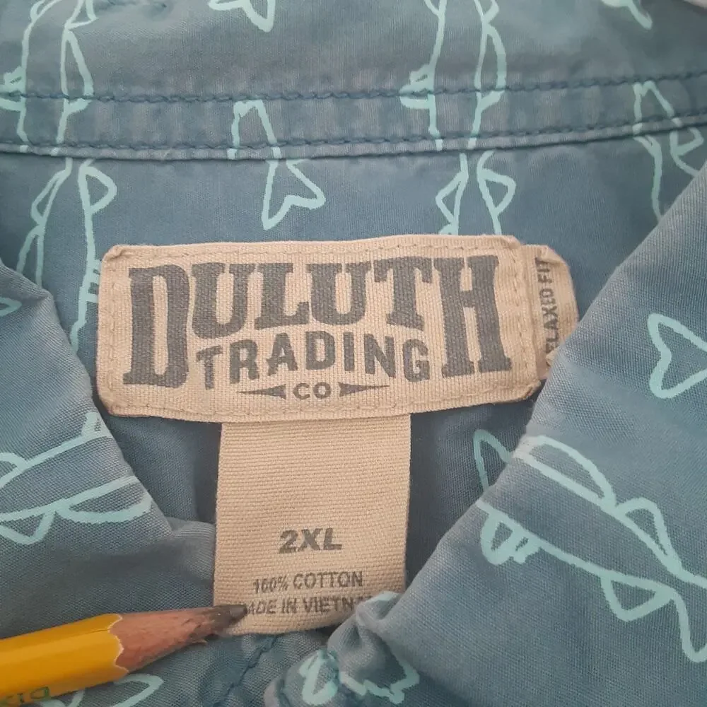 Duluth Trading Co Relaxed Fit Fish Print Button Down Short Sleeve Shirt Mens 2XL